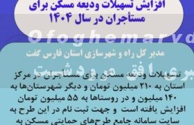 مدیر کل راه و شهرسازی فارس از افزایش تسهیلات ودیعه مسکن برای مستأجران به ۲۱۰ میلیون تومان در مرکز استان در سال ۱۴۰۴ خبر داد